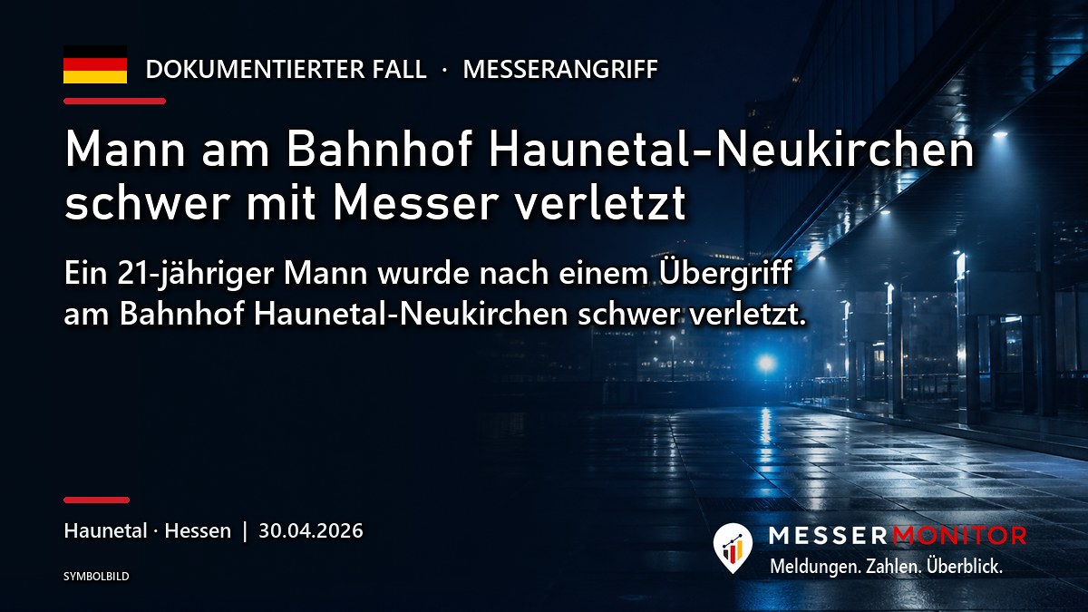 Titelgrafik: Mann am Bahnhof Haunetal-Neukirchen schwer mit Messer verletzt. Ein 21-jähriger Mann wurde nach einem Übergriff am Bahnhof Haunetal-Neukirchen schwer verletzt..