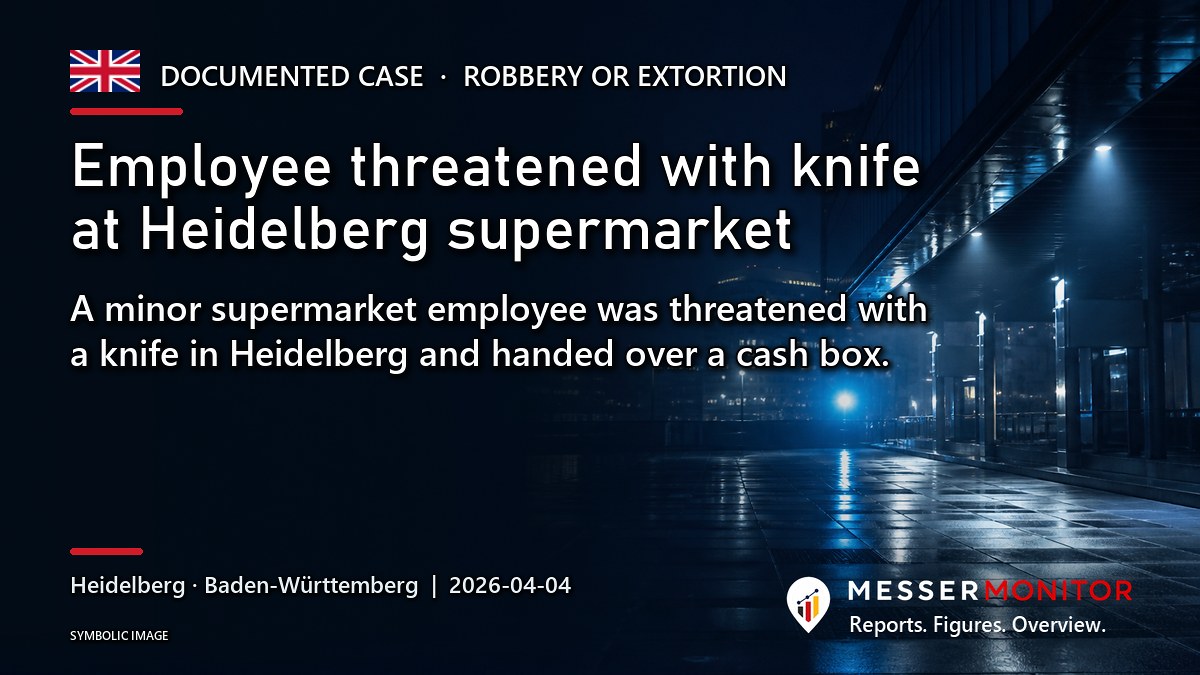 Title image: Employee threatened with knife at Heidelberg supermarket. A minor supermarket employee was threatened with a knife in Heidelberg and handed over a cash box..