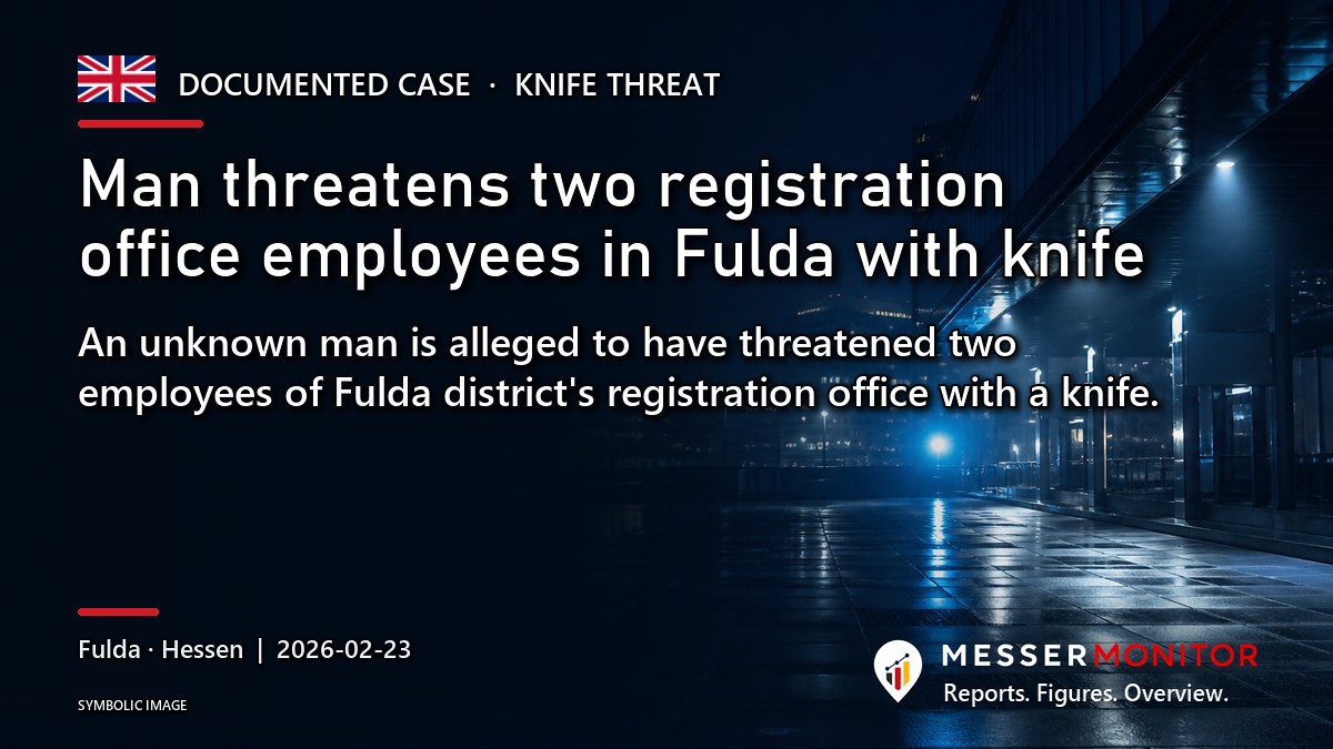 Title image: Man threatens two registration office employees in Fulda with knife. An unknown man is alleged to have threatened two employees of Fulda district's registration office with a knife..