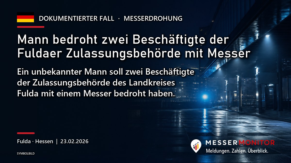 Titelgrafik: Mann bedroht zwei Beschäftigte der Fuldaer Zulassungsbehörde mit Messer. Ein unbekannter Mann soll zwei Beschäftigte der Zulassungsbehörde des Landkreises Fulda mit einem Messer bedroht haben..