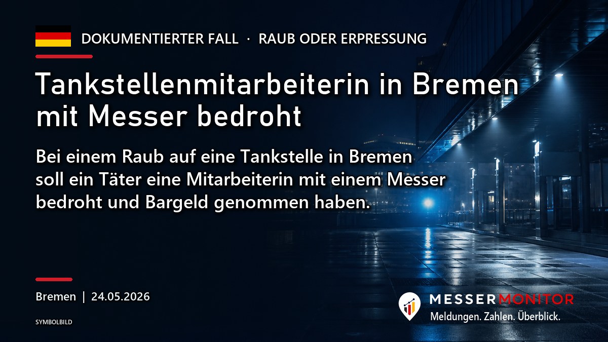 Titelgrafik: Tankstellenmitarbeiterin in Bremen mit Messer bedroht. Bei einem Raub auf eine Tankstelle in Bremen soll ein Täter eine Mitarbeiterin mit einem Messer bedroht und Bargeld genommen haben..