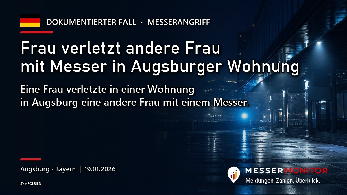 Titelgrafik: Frau verletzt andere Frau mit Messer in Augsburger Wohnung. Eine Frau verletzte in einer Wohnung in Augsburg eine andere Frau mit einem Messer..