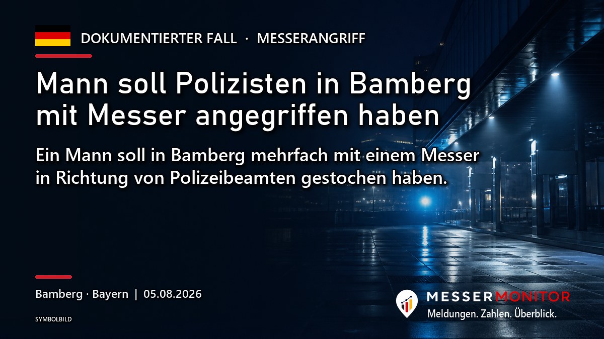Titelgrafik: Mann soll Polizisten in Bamberg mit Messer angegriffen haben. Ein Mann soll in Bamberg mehrfach mit einem Messer in Richtung von Polizeibeamten gestochen haben..