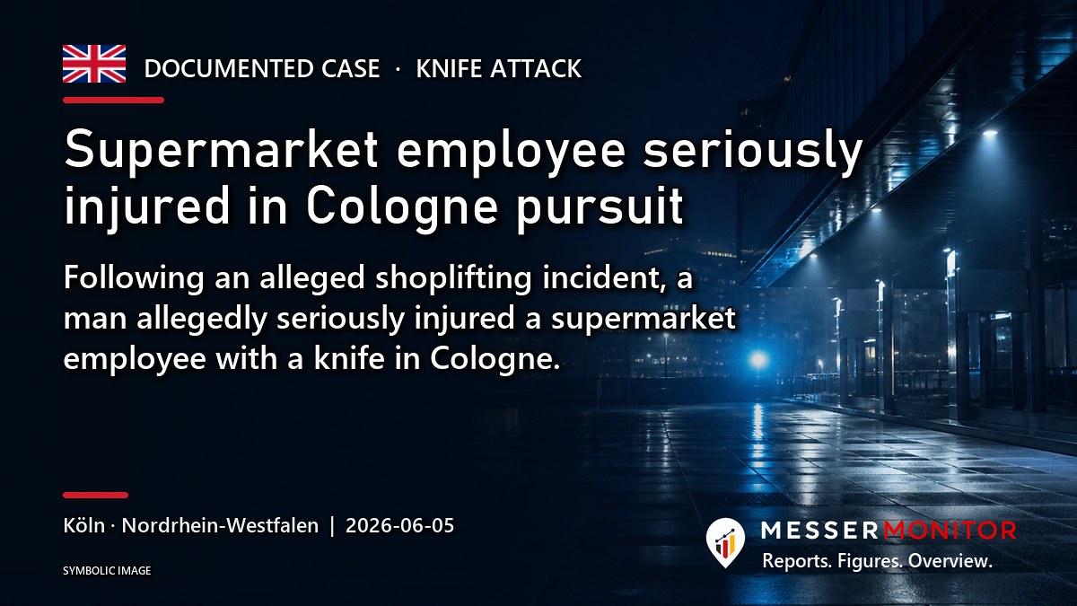 Title image: Supermarket employee seriously injured in Cologne pursuit. Following an alleged shoplifting incident, a man allegedly seriously injured a supermarket employee with a knife in Cologne..