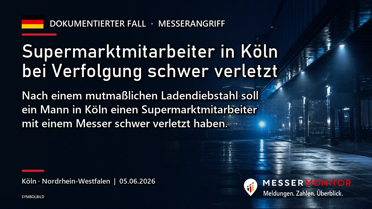 Titelgrafik: Supermarktmitarbeiter in Köln bei Verfolgung schwer verletzt. Nach einem mutmaßlichen Ladendiebstahl soll ein Mann in Köln einen Supermarktmitarbeiter mit einem Messer schwer verletzt haben..