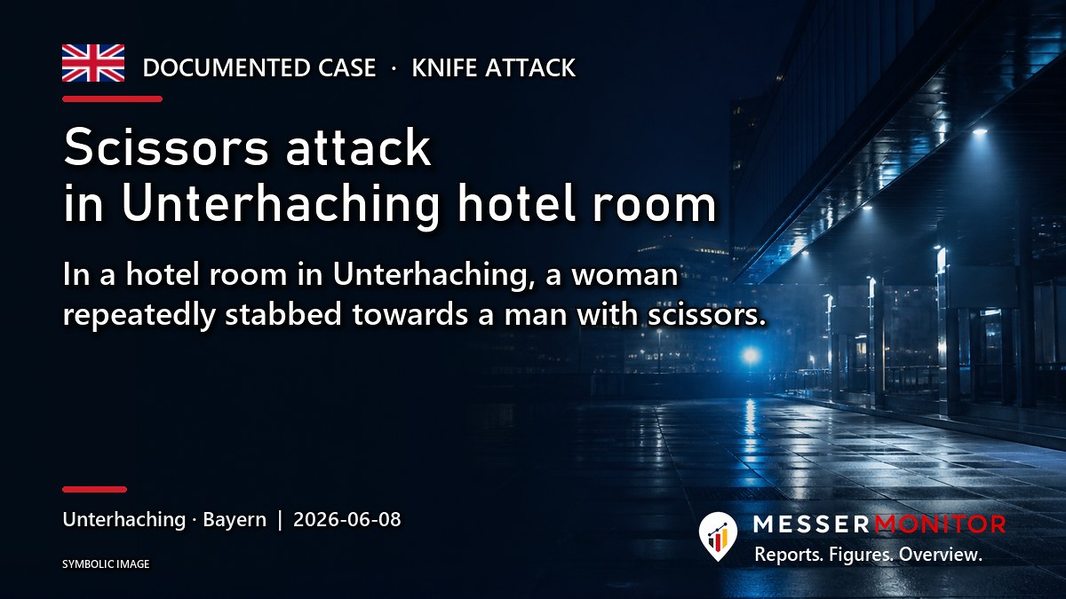 Title image: Scissors attack in Unterhaching hotel room. In a hotel room in Unterhaching, a woman repeatedly stabbed towards a man with scissors..