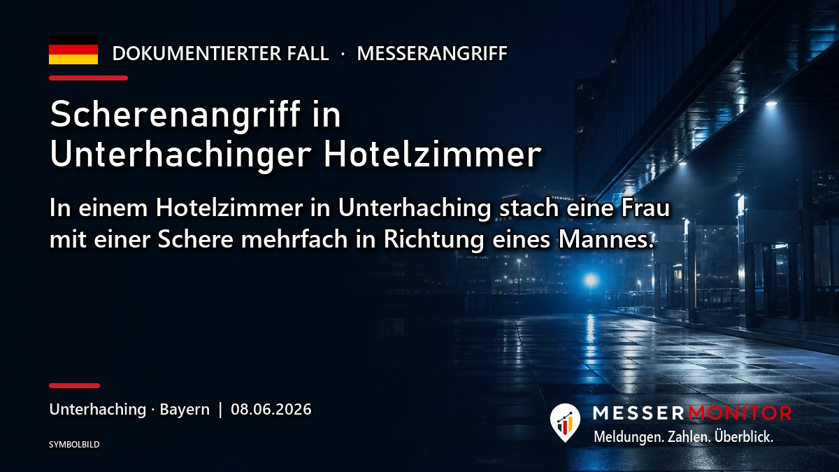 Titelgrafik: Scherenangriff in Unterhachinger Hotelzimmer. In einem Hotelzimmer in Unterhaching stach eine Frau mit einer Schere mehrfach in Richtung eines Mannes..
