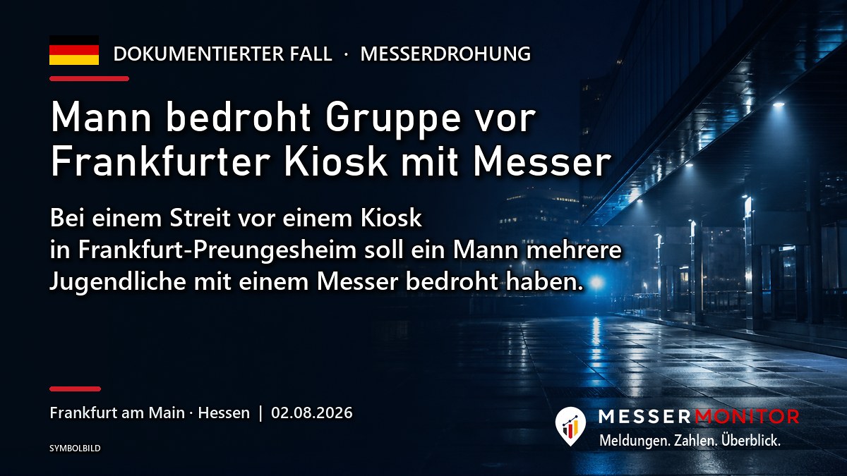 Titelgrafik: Mann bedroht Gruppe vor Frankfurter Kiosk mit Messer. Bei einem Streit vor einem Kiosk in Frankfurt-Preungesheim soll ein Mann mehrere Jugendliche mit einem Messer bedroht haben..