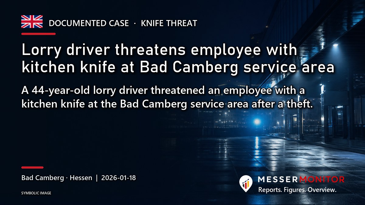 Title image: Lorry driver threatens employee with kitchen knife at Bad Camberg service area. A 44-year-old lorry driver threatened an employee with a kitchen knife at the Bad Camberg service area after a theft..
