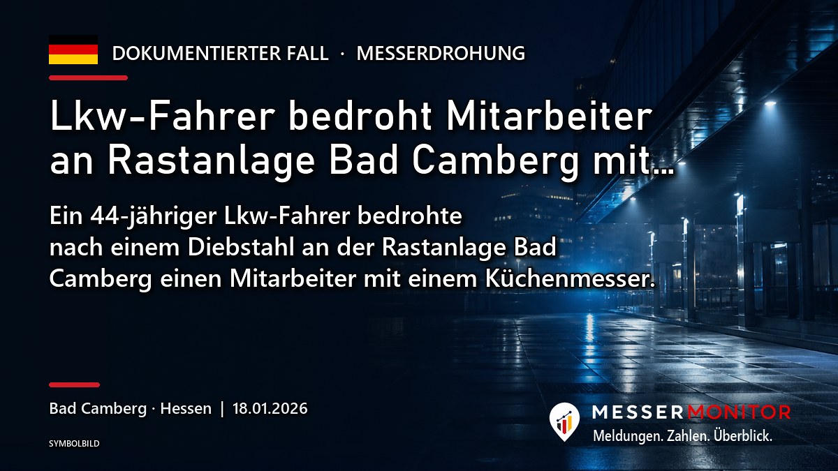 Titelgrafik: Lkw-Fahrer bedroht Mitarbeiter an Rastanlage Bad Camberg mit…. Ein 44-jähriger Lkw-Fahrer bedrohte nach einem Diebstahl an der Rastanlage Bad Camberg einen Mitarbeiter mit einem Küchenmesser..