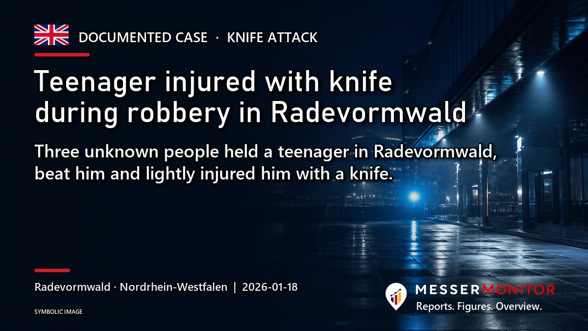 Title image: Teenager injured with knife during robbery in Radevormwald. Three unknown people held a teenager in Radevormwald, beat him and lightly injured him with a knife..