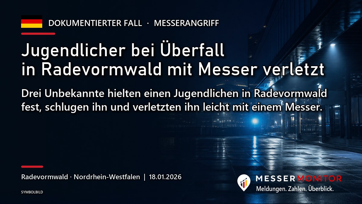 Titelgrafik: Jugendlicher bei Überfall in Radevormwald mit Messer verletzt. Drei Unbekannte hielten einen Jugendlichen in Radevormwald fest, schlugen ihn und verletzten ihn leicht mit einem Messer..