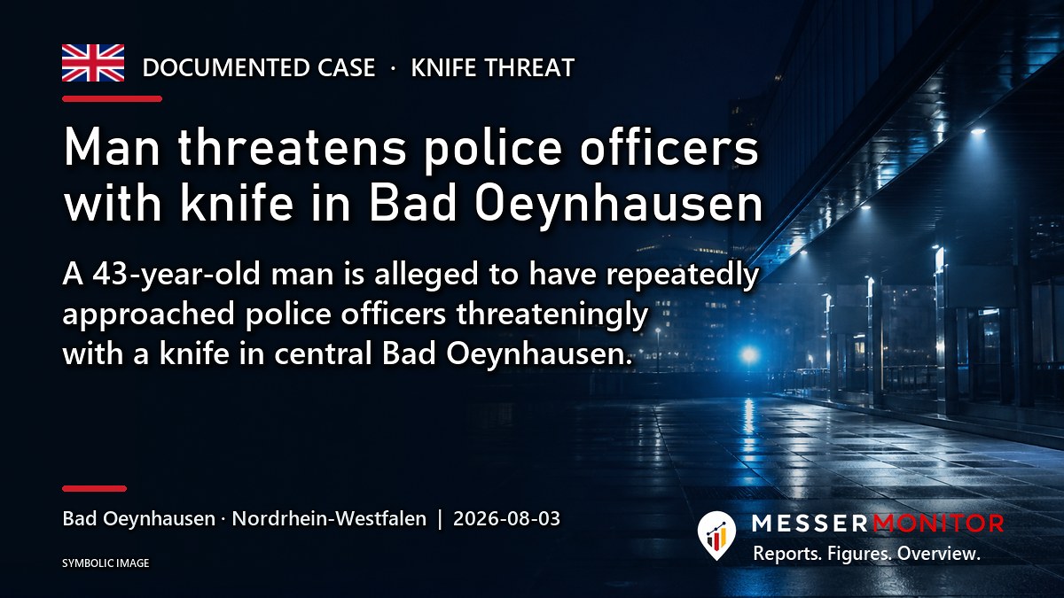Title image: Man threatens police officers with knife in Bad Oeynhausen. A 43-year-old man is alleged to have repeatedly approached police officers threateningly with a knife in central Bad Oeynhausen..
