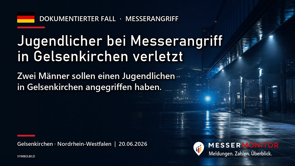 Titelgrafik: Jugendlicher bei Messerangriff in Gelsenkirchen verletzt. Zwei Männer sollen einen Jugendlichen in Gelsenkirchen angegriffen haben..