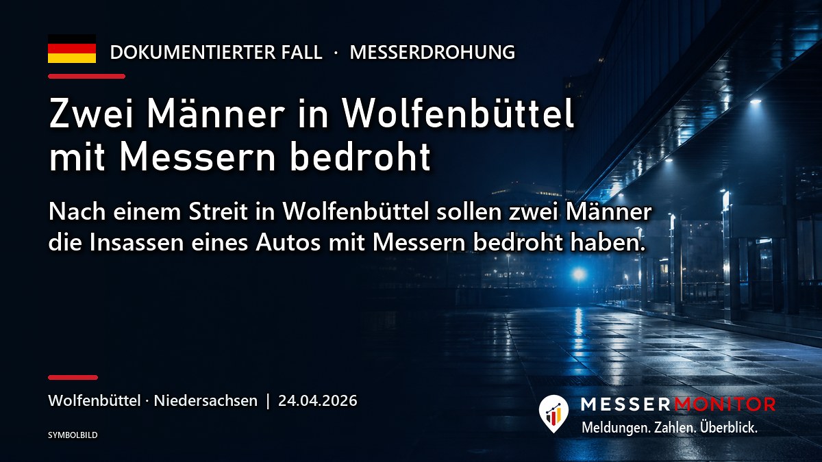 Titelgrafik: Zwei Männer in Wolfenbüttel mit Messern bedroht. Nach einem Streit in Wolfenbüttel sollen zwei Männer die Insassen eines Autos mit Messern bedroht haben..