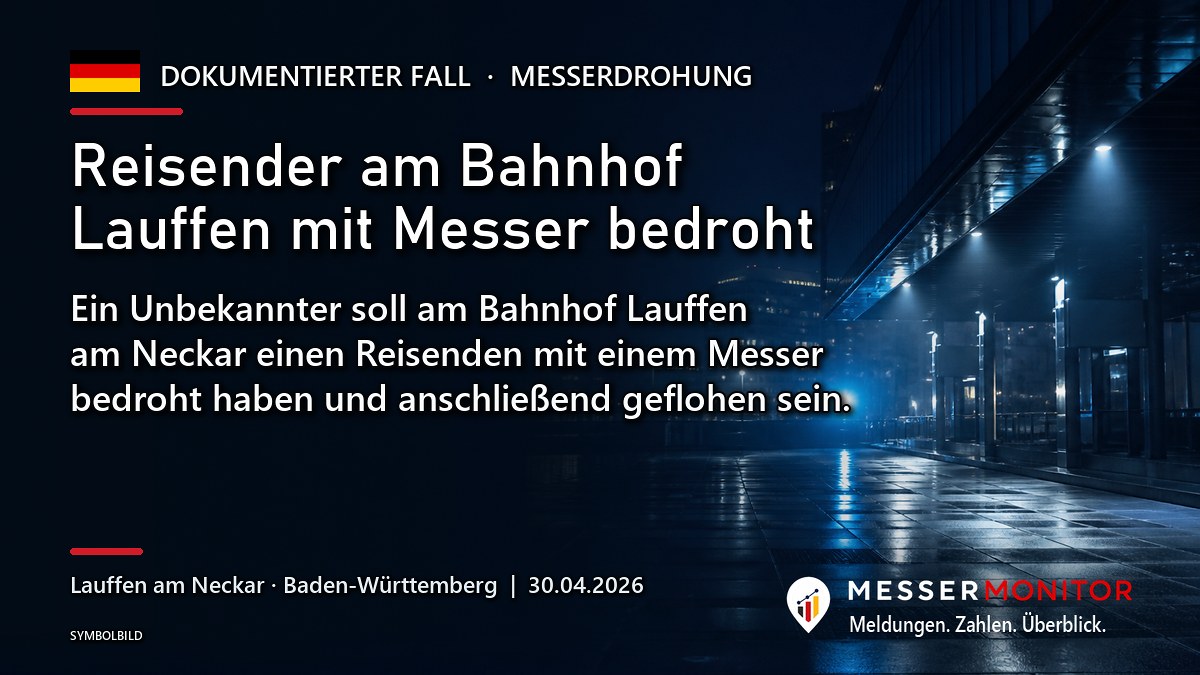 Titelgrafik: Reisender am Bahnhof Lauffen mit Messer bedroht. Ein Unbekannter soll am Bahnhof Lauffen am Neckar einen Reisenden mit einem Messer bedroht haben und anschließend geflohen sein..