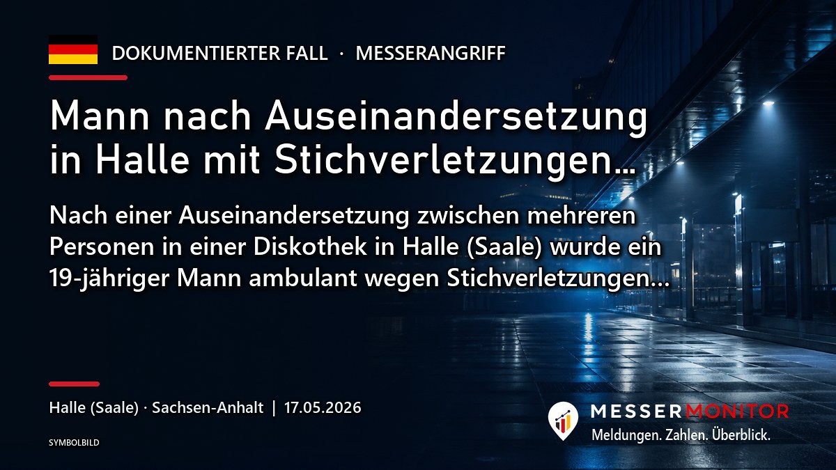 Titelgrafik: Mann nach Auseinandersetzung in Halle mit Stichverletzungen…. Nach einer Auseinandersetzung zwischen mehreren Personen in einer Diskothek in Halle (Saale) wurde ein 19-jähriger Mann ambulant wegen Stichverletzungen….