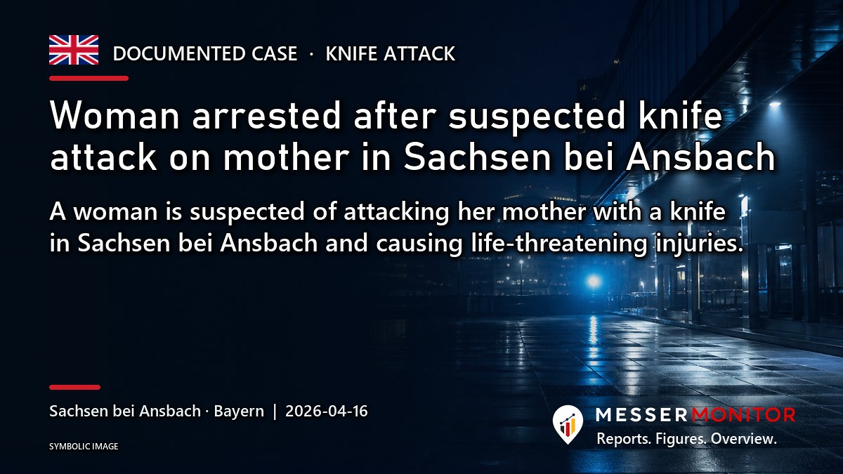 Title image: Woman arrested after suspected knife attack on mother in Sachsen bei Ansbach. A woman is suspected of attacking her mother with a knife in Sachsen bei Ansbach and causing life-threatening injuries..