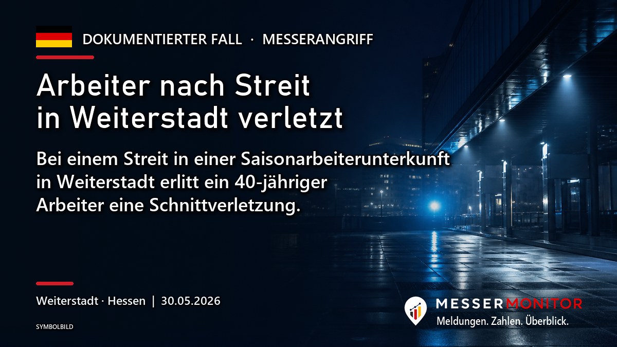 Titelgrafik: Arbeiter nach Streit in Weiterstadt verletzt. Bei einem Streit in einer Saisonarbeiterunterkunft in Weiterstadt erlitt ein 40-jähriger Arbeiter eine Schnittverletzung..