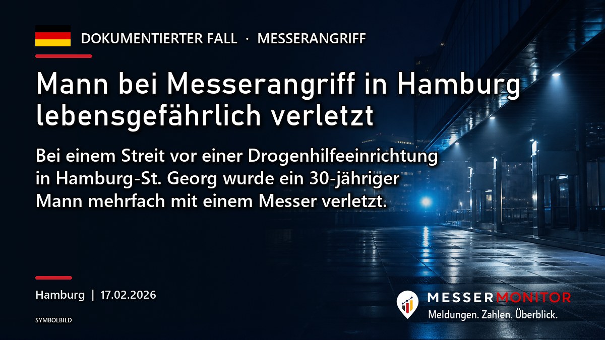 Titelgrafik: Mann bei Messerangriff in Hamburg lebensgefährlich verletzt. Bei einem Streit vor einer Drogenhilfeeinrichtung in Hamburg-St. Georg wurde ein 30-jähriger Mann mehrfach mit einem Messer verletzt..