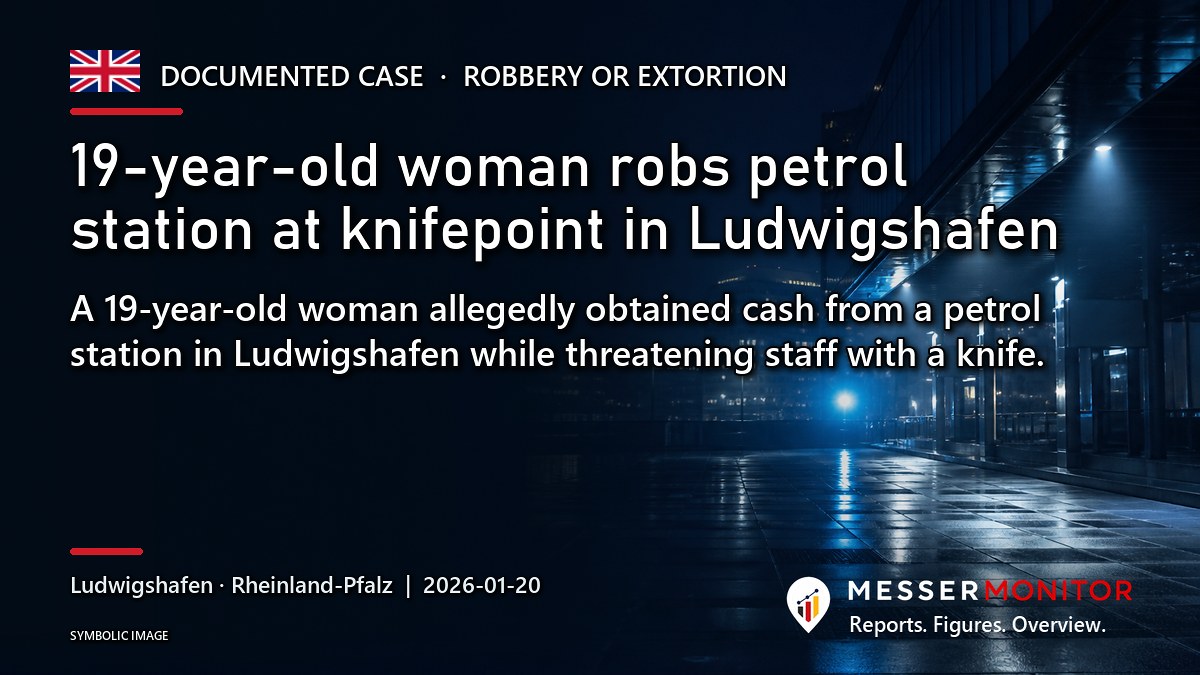 Title image: 19-year-old woman robs petrol station at knifepoint in Ludwigshafen. A 19-year-old woman allegedly obtained cash from a petrol station in Ludwigshafen while threatening staff with a knife..