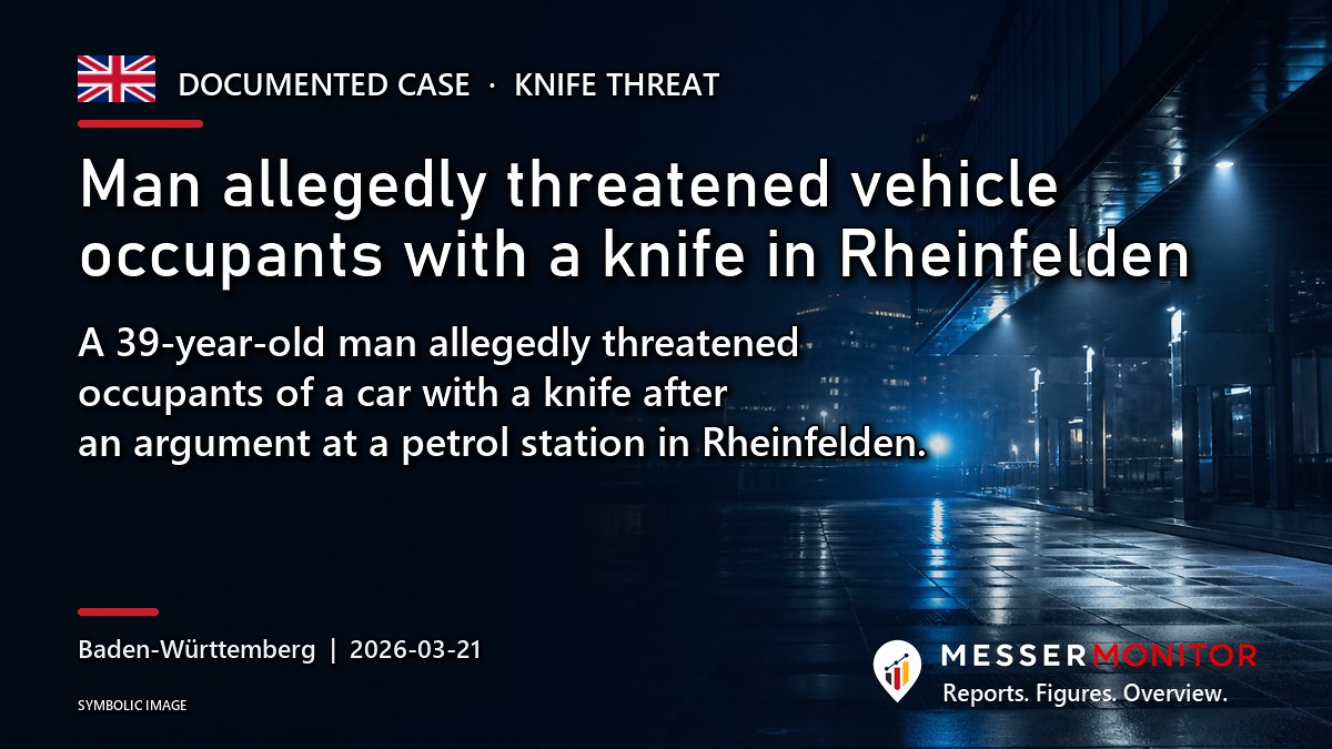 Title image: Man allegedly threatened vehicle occupants with a knife in Rheinfelden. A 39-year-old man allegedly threatened occupants of a car with a knife after an argument at a petrol station in Rheinfelden..