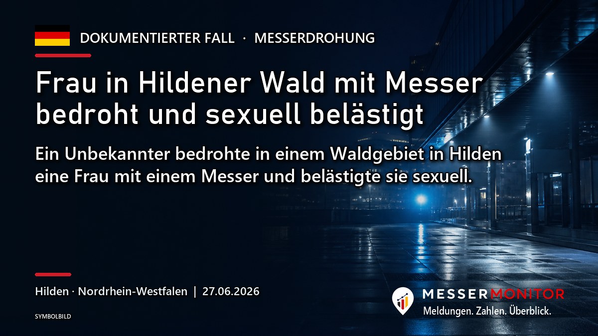 Titelgrafik: Frau in Hildener Wald mit Messer bedroht und sexuell belästigt. Ein Unbekannter bedrohte in einem Waldgebiet in Hilden eine Frau mit einem Messer und belästigte sie sexuell..