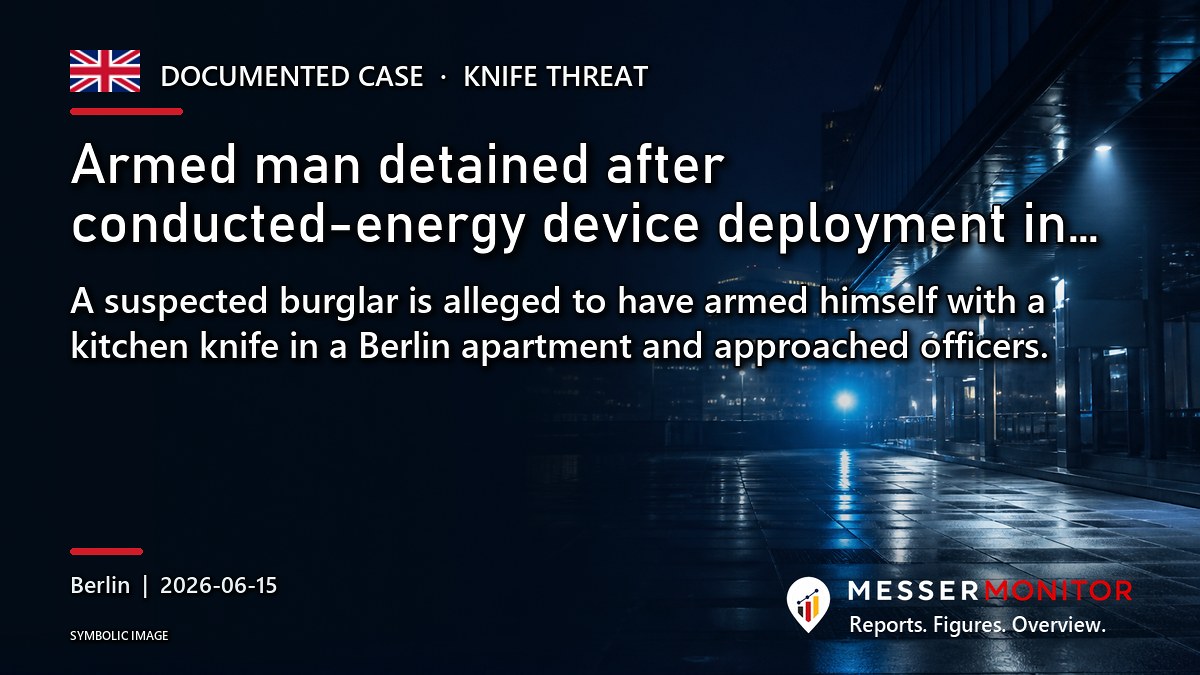 Title image: Armed man detained after conducted-energy device deployment in…. A suspected burglar is alleged to have armed himself with a kitchen knife in a Berlin apartment and approached officers..