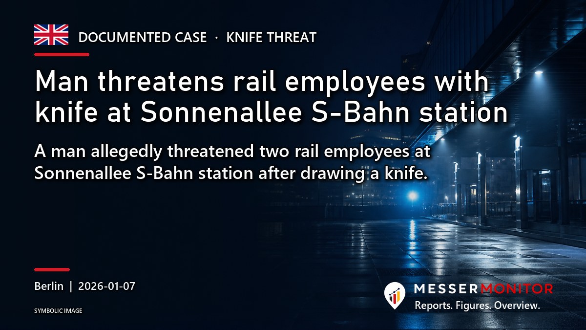 Title image: Man threatens rail employees with knife at Sonnenallee S-Bahn station. A man allegedly threatened two rail employees at Sonnenallee S-Bahn station after drawing a knife..