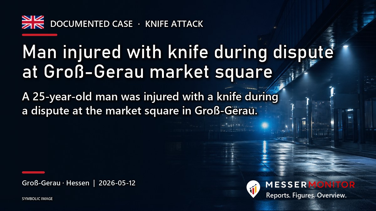 Title image: Man injured with knife during dispute at Groß-Gerau market square. A 25-year-old man was injured with a knife during a dispute at the market square in Groß-Gerau..