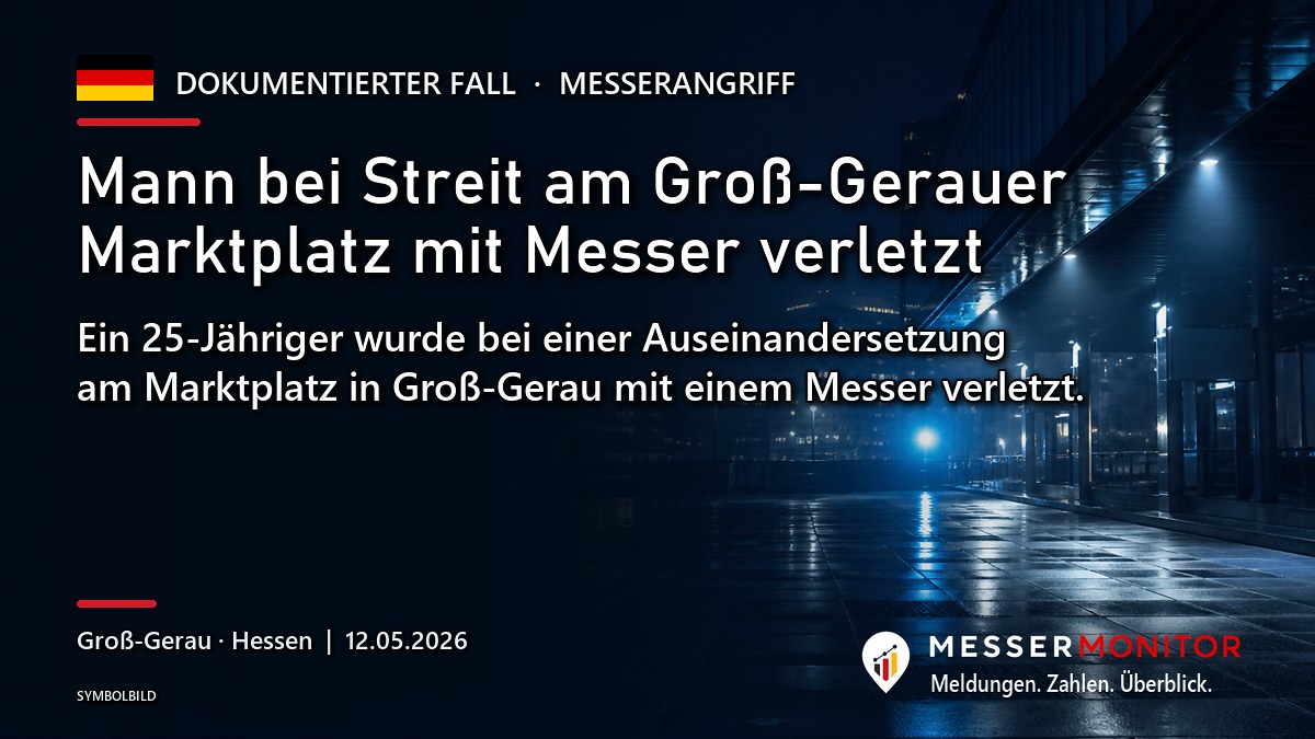 Titelgrafik: Mann bei Streit am Groß-Gerauer Marktplatz mit Messer verletzt. Ein 25-Jähriger wurde bei einer Auseinandersetzung am Marktplatz in Groß-Gerau mit einem Messer verletzt..