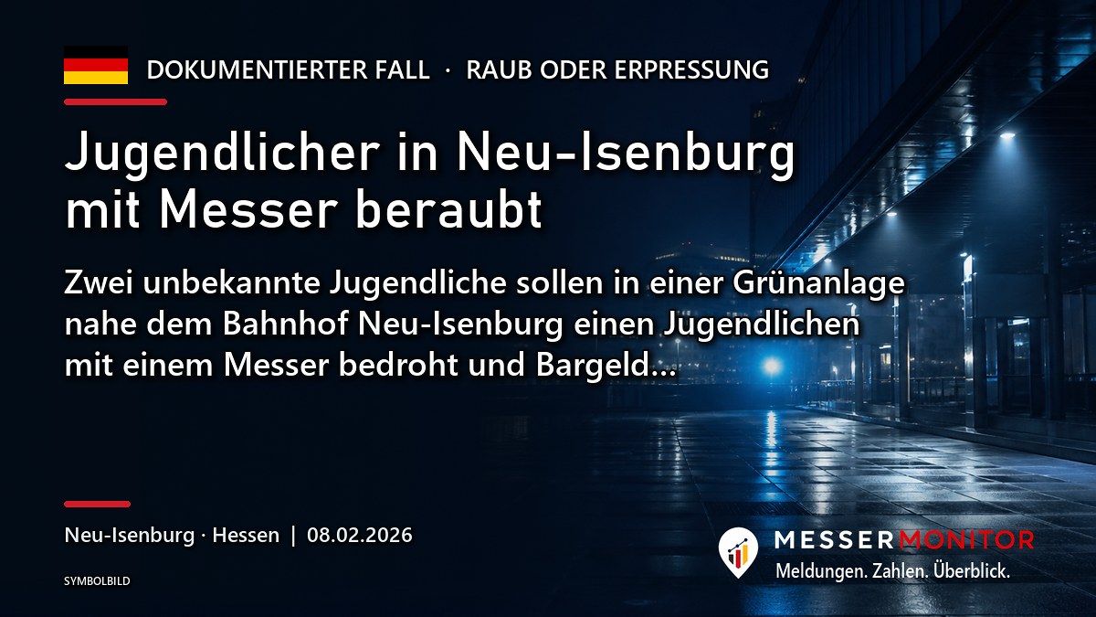 Titelgrafik: Jugendlicher in Neu-Isenburg mit Messer beraubt. Zwei unbekannte Jugendliche sollen in einer Grünanlage nahe dem Bahnhof Neu-Isenburg einen Jugendlichen mit einem Messer bedroht und Bargeld….