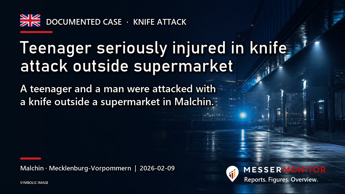 Title image: Teenager seriously injured in knife attack outside supermarket. A teenager and a man were attacked with a knife outside a supermarket in Malchin..