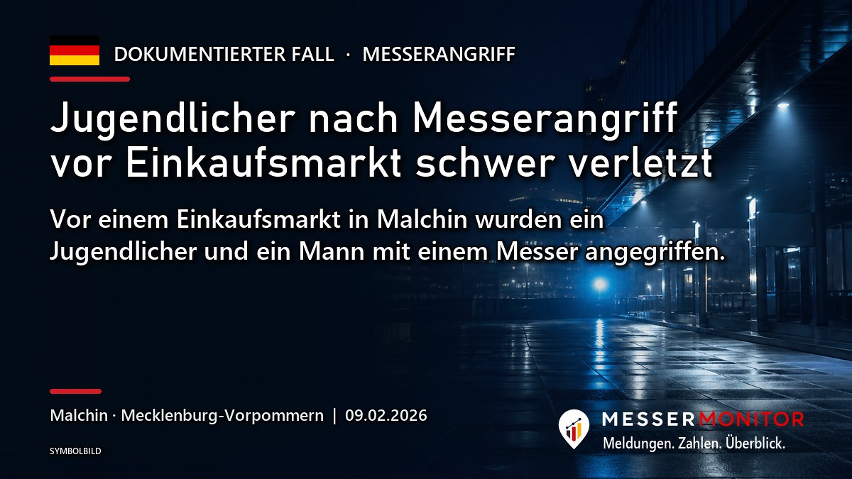 Titelgrafik: Jugendlicher nach Messerangriff vor Einkaufsmarkt schwer verletzt. Vor einem Einkaufsmarkt in Malchin wurden ein Jugendlicher und ein Mann mit einem Messer angegriffen..
