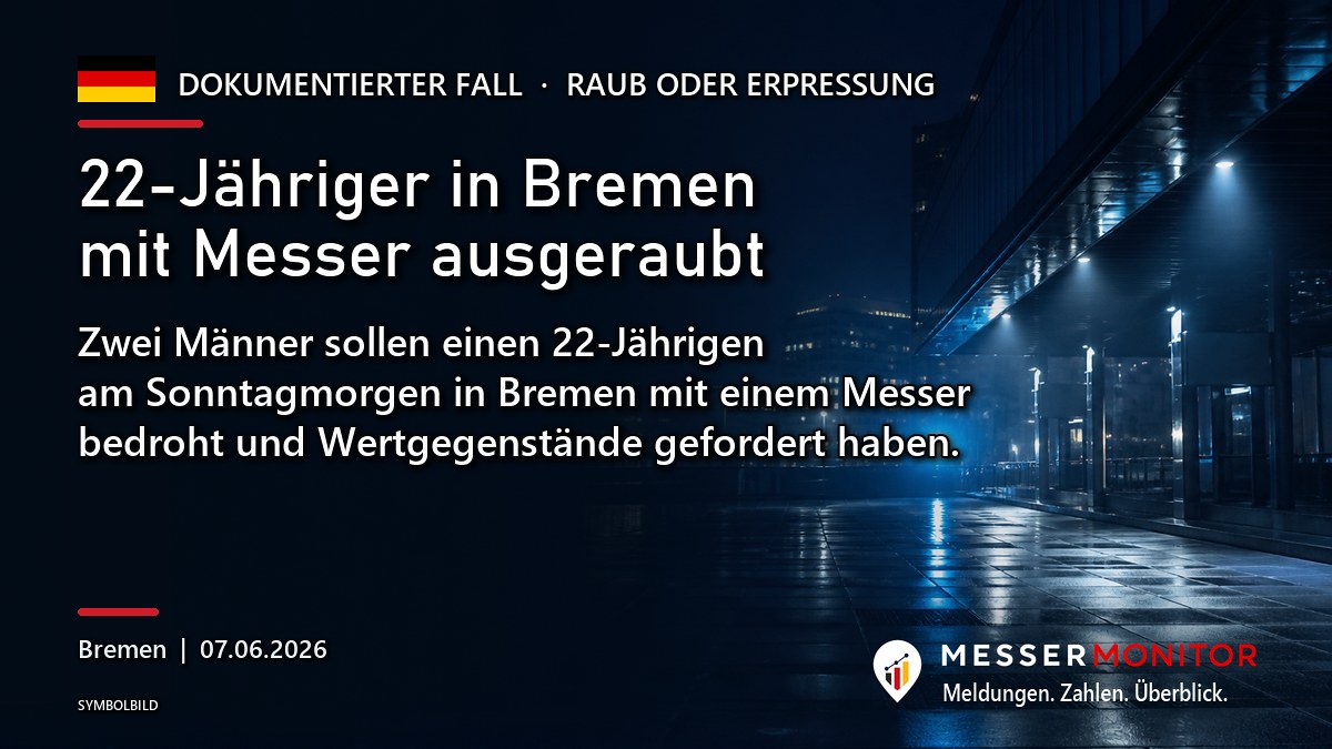 Titelgrafik: 22-Jähriger in Bremen mit Messer ausgeraubt. Zwei Männer sollen einen 22-Jährigen am Sonntagmorgen in Bremen mit einem Messer bedroht und Wertgegenstände gefordert haben..