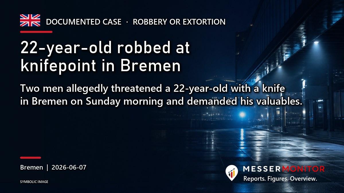 Title image: 22-year-old robbed at knifepoint in Bremen. Two men allegedly threatened a 22-year-old with a knife in Bremen on Sunday morning and demanded his valuables..