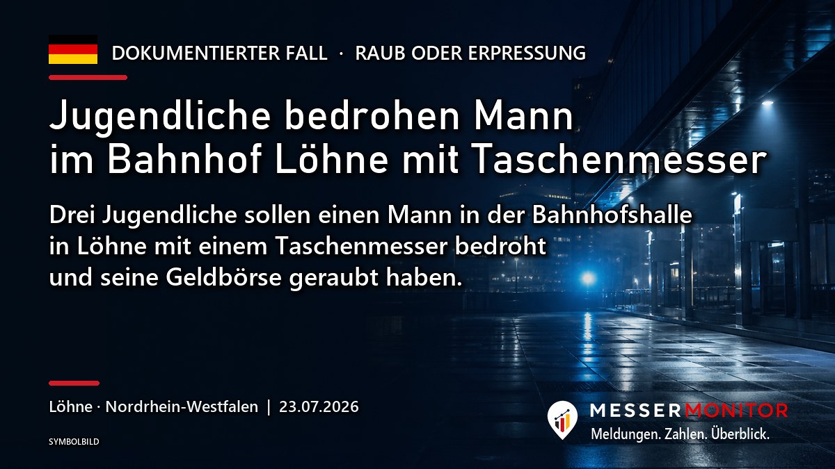 Titelgrafik: Jugendliche bedrohen Mann im Bahnhof Löhne mit Taschenmesser. Drei Jugendliche sollen einen Mann in der Bahnhofshalle in Löhne mit einem Taschenmesser bedroht und seine Geldbörse geraubt haben..
