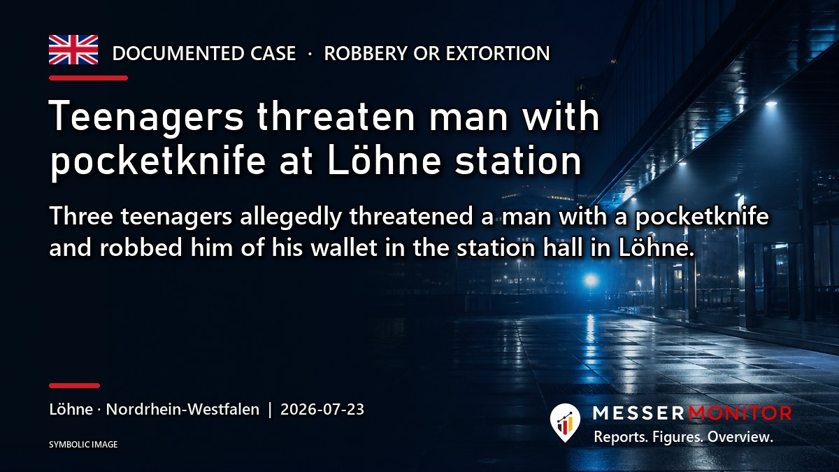 Title image: Teenagers threaten man with pocketknife at Löhne station. Three teenagers allegedly threatened a man with a pocketknife and robbed him of his wallet in the station hall in Löhne..