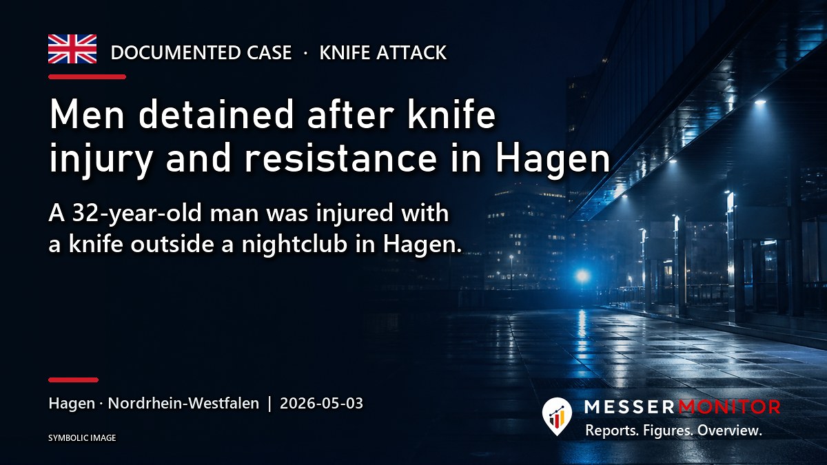Title image: Men detained after knife injury and resistance in Hagen. A 32-year-old man was injured with a knife outside a nightclub in Hagen..