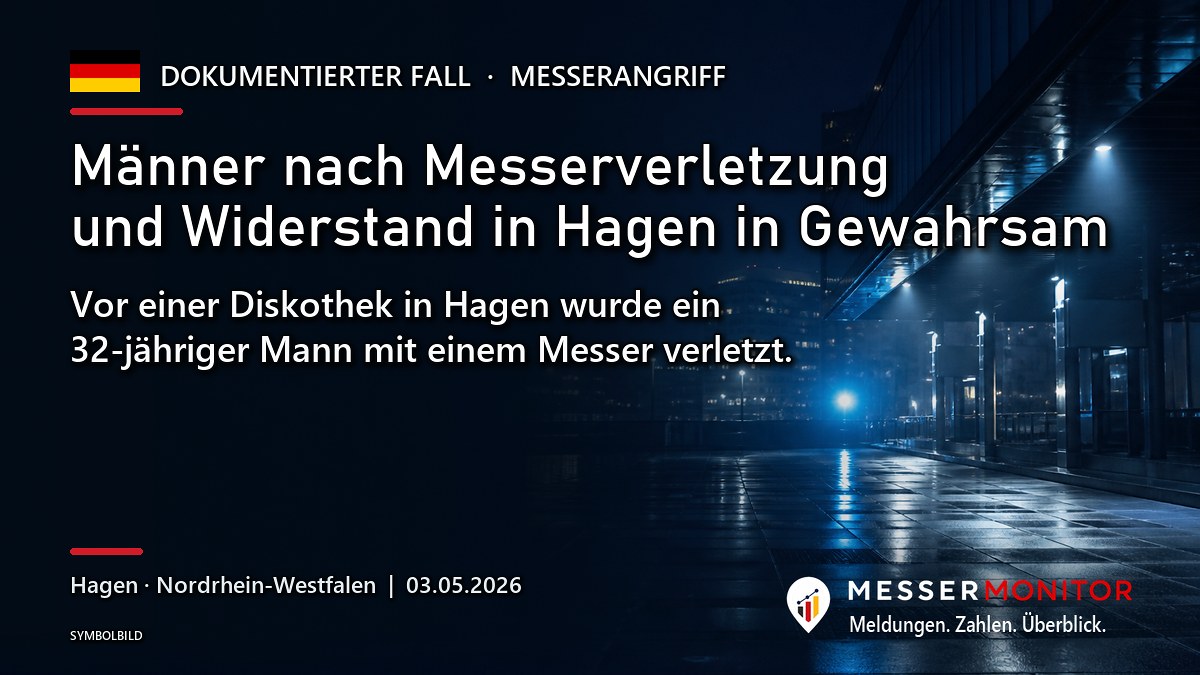 Titelgrafik: Männer nach Messerverletzung und Widerstand in Hagen in Gewahrsam. Vor einer Diskothek in Hagen wurde ein 32-jähriger Mann mit einem Messer verletzt..