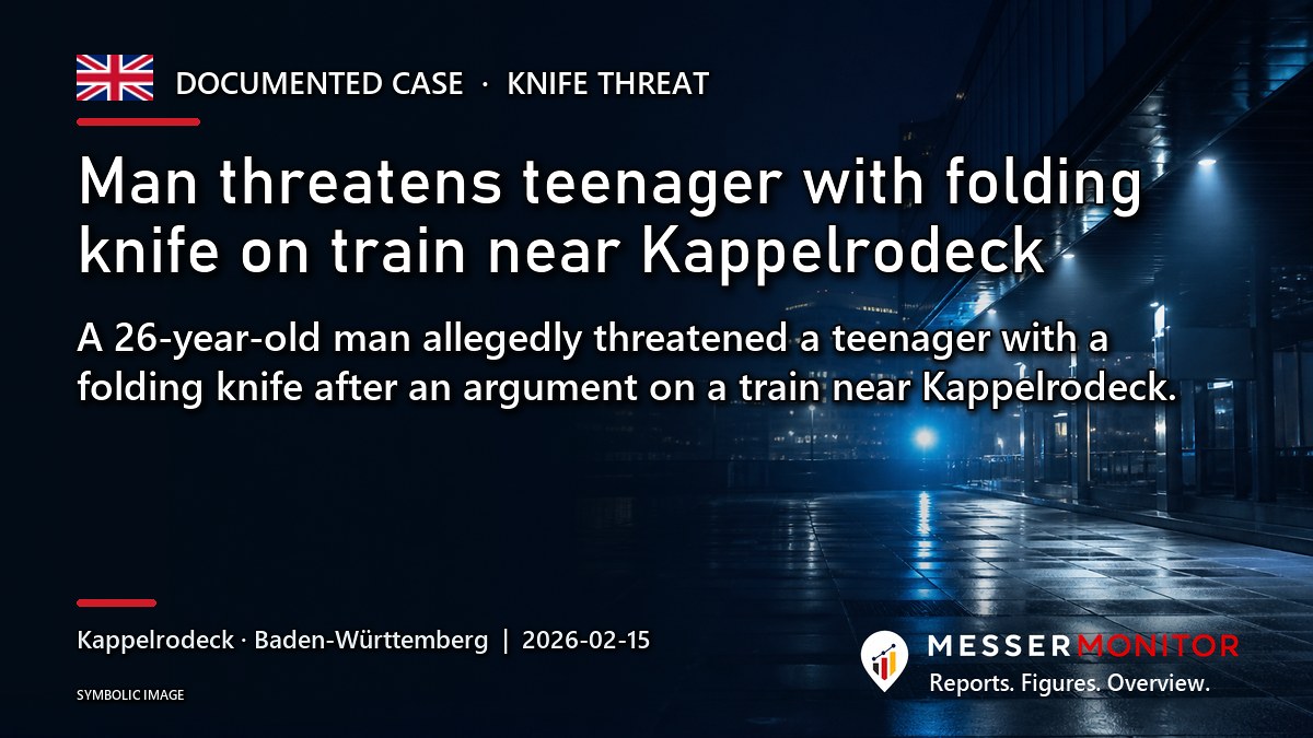 Title image: Man threatens teenager with folding knife on train near Kappelrodeck. A 26-year-old man allegedly threatened a teenager with a folding knife after an argument on a train near Kappelrodeck..