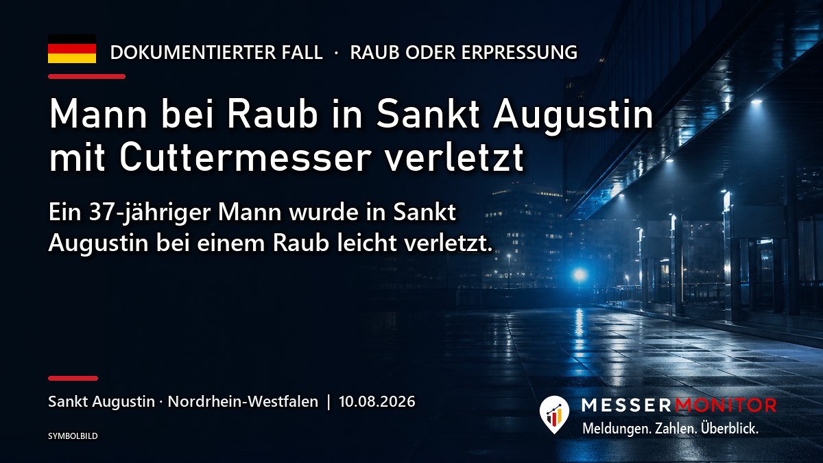 Titelgrafik: Mann bei Raub in Sankt Augustin mit Cuttermesser verletzt. Ein 37-jähriger Mann wurde in Sankt Augustin bei einem Raub leicht verletzt..