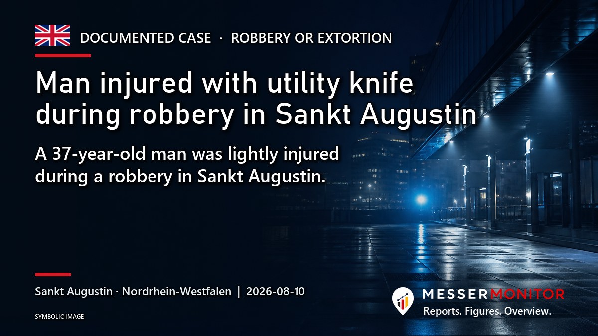 Title image: Man injured with utility knife during robbery in Sankt Augustin. A 37-year-old man was lightly injured during a robbery in Sankt Augustin..