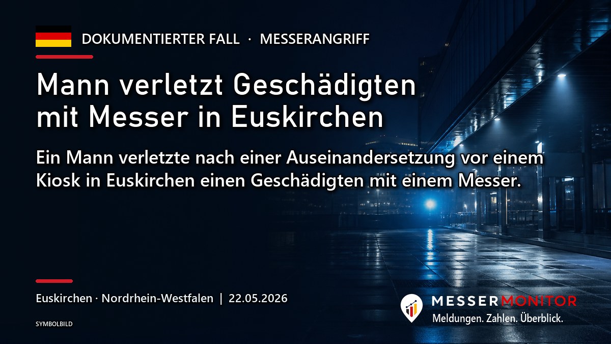 Titelgrafik: Mann verletzt Geschädigten mit Messer in Euskirchen. Ein Mann verletzte nach einer Auseinandersetzung vor einem Kiosk in Euskirchen einen Geschädigten mit einem Messer..