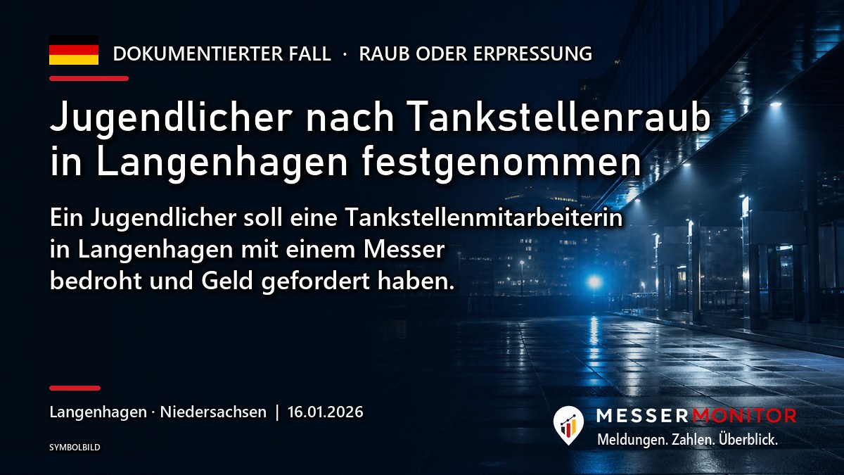 Titelgrafik: Jugendlicher nach Tankstellenraub in Langenhagen festgenommen. Ein Jugendlicher soll eine Tankstellenmitarbeiterin in Langenhagen mit einem Messer bedroht und Geld gefordert haben..