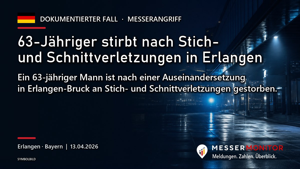 Titelgrafik: 63-Jähriger stirbt nach Stich- und Schnittverletzungen in Erlangen. Ein 63-jähriger Mann ist nach einer Auseinandersetzung in Erlangen-Bruck an Stich- und Schnittverletzungen gestorben..