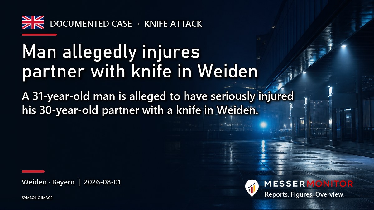Title image: Man allegedly injures partner with knife in Weiden. A 31-year-old man is alleged to have seriously injured his 30-year-old partner with a knife in Weiden..