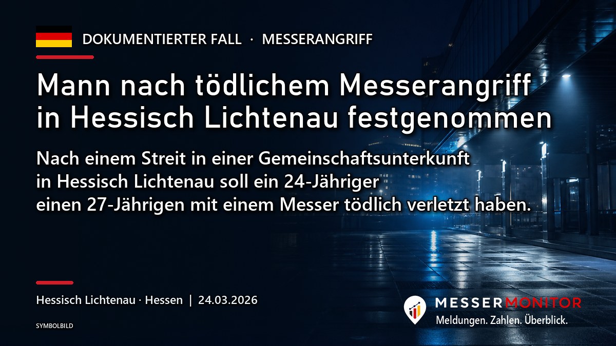 Titelgrafik: Mann nach tödlichem Messerangriff in Hessisch Lichtenau festgenommen. Nach einem Streit in einer Gemeinschaftsunterkunft in Hessisch Lichtenau soll ein 24-Jähriger einen 27-Jährigen mit einem Messer tödlich verletzt haben..