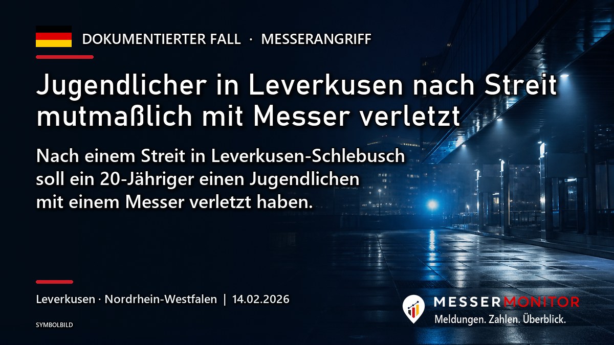 Titelgrafik: Jugendlicher in Leverkusen nach Streit mutmaßlich mit Messer verletzt. Nach einem Streit in Leverkusen-Schlebusch soll ein 20-Jähriger einen Jugendlichen mit einem Messer verletzt haben..