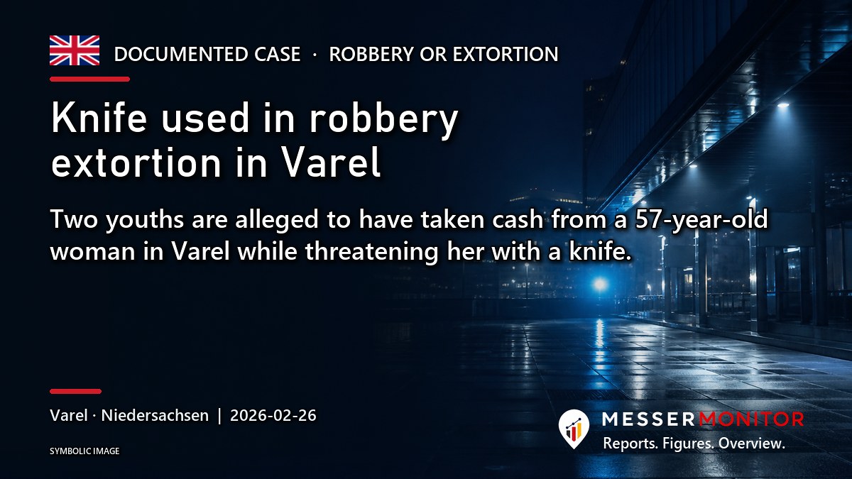 Title image: Knife used in robbery extortion in Varel. Two youths are alleged to have taken cash from a 57-year-old woman in Varel while threatening her with a knife..